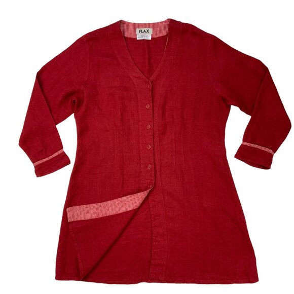 Flax Linen Jacket Blazer M Red V-Neck Button Front Tunic Lagenlook Bohemian - Picture 11 of 12